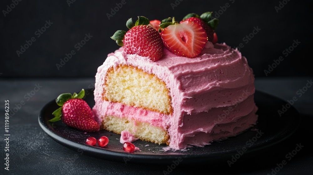 Delicious pink frosted cake with fresh strawberries and pomegranate seeds on a dark background, showcasing a moist layered dessert perfect for celebrations and special occasions Delicious pink frosted cake with fresh strawberries and pomegranate seeds on a dark background, showcasing a moist layered dessert perfect for celebrations and special occasions