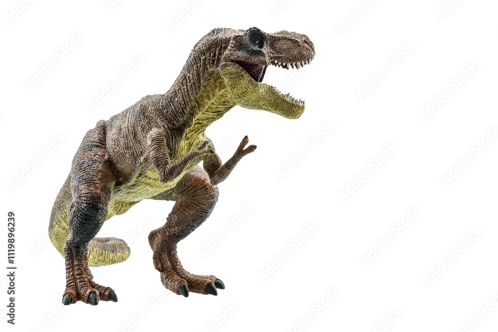 Tyrannosaurus Rex isolated on white background. Side view of a T-Rex dinosaur. Tyrannosaurus was a bipedal carnivore with a massive skull. Exist before the Cretaceous-Paleogene extinction event. Tyrannosaurus Rex isolated on white background. Side view of a T-Rex dinosaur. Tyrannosaurus was a bipedal carnivore with a massive skull. Exist before the Cretaceous-Paleogene extinction event.