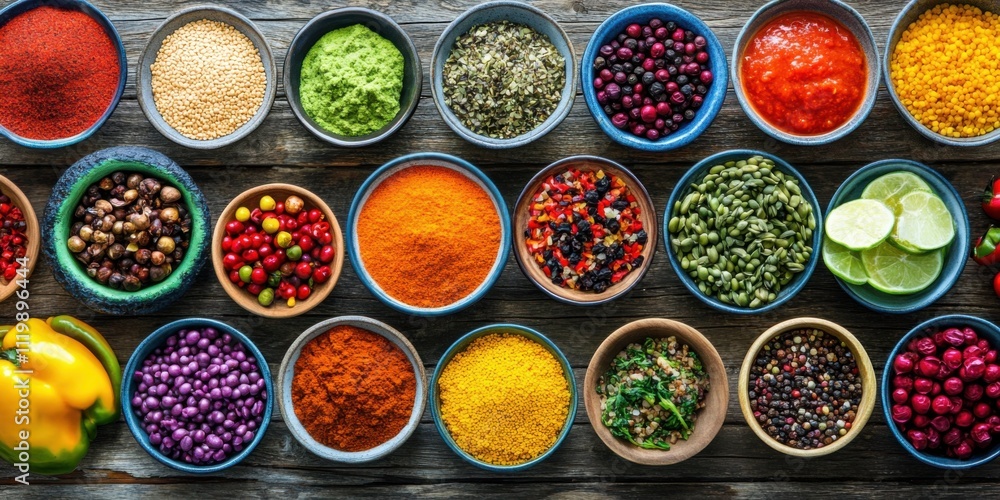 A Vibrant Array of Beautifully Colorful Spices and Fresh Herbs Displayed in Gorgeous Bowls A Vibrant Array of Beautifully Colorful Spices and Fresh Herbs Displayed in Gorgeous Bowls