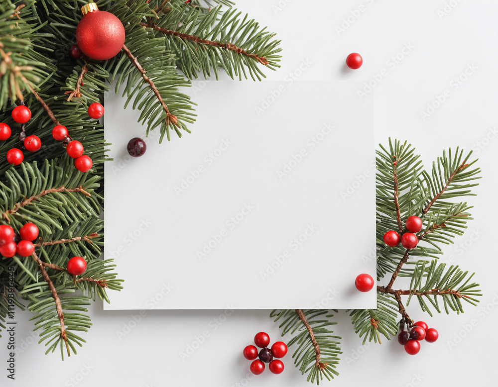 Mockup Of Christmas White Plain Greeting Card With Fir Branches Flat Lay, Ideal For Holiday Greetings, Seasonal Invitations, Custom Designs, And Christmas Celebrations Mockup Of Christmas White Plain Greeting Card With Fir Branches Flat Lay, Ideal For Holiday Greetings, Seasonal Invitations, Custom Designs, And Christmas Celebrations