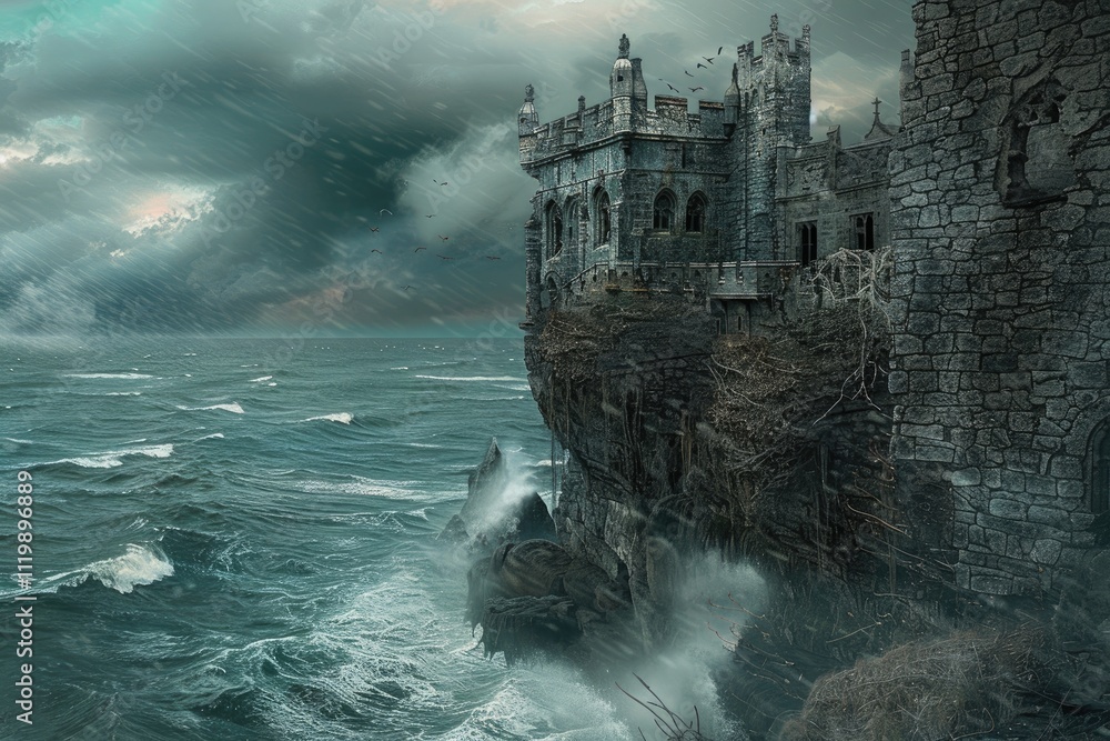 Fototapeta premium Stormy Seas Batter Ancient Cliffside Castle