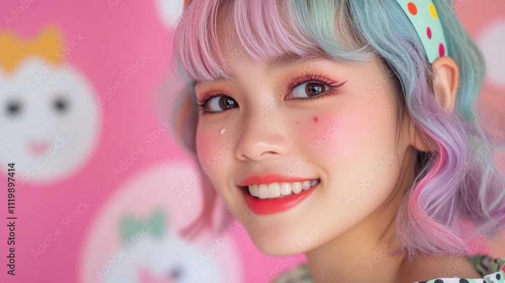 カラフルな髪と明るい背景を持つ若い女の子の生き生きとした肖像画 カラフルな髪と明るい背景を持つ若い女の子の生き生きとした肖像画