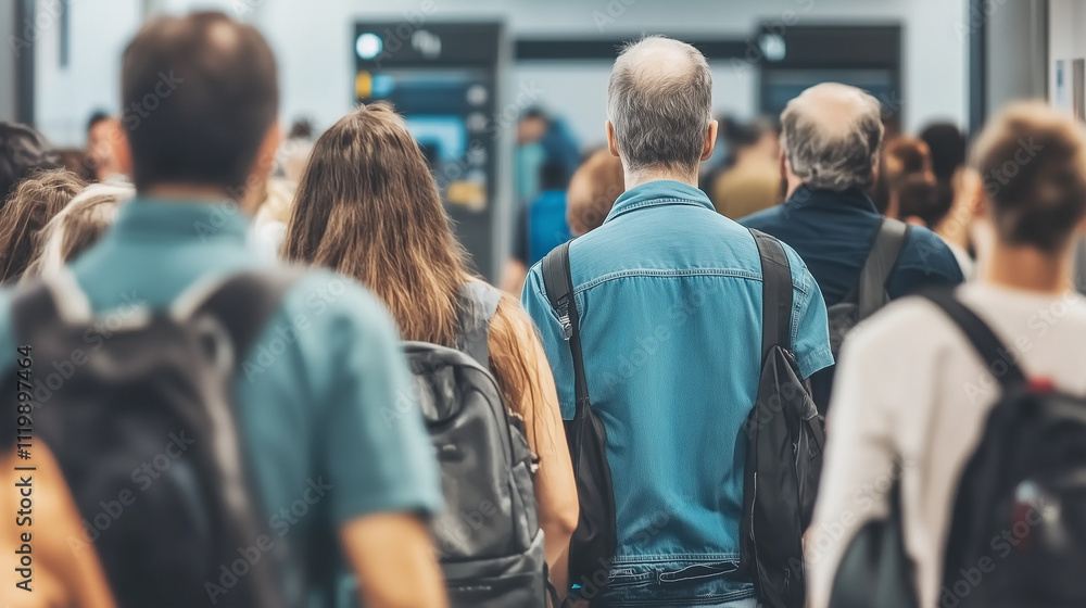 Fototapeta premium Crowded airport security checkpoint with travelers waiting in line, bags and personal items being scanned. Efficient travel and safety measures in modern transportation hubs.