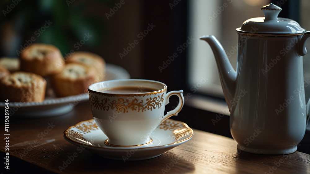 Fototapeta premium Afternoon tea served with red tea and delightful pastries.