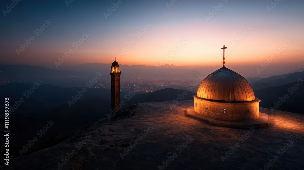 Obraz premium A stunning sunset paints the sky behind a solitary dome and minaret on a hill, creating a dramatic and peaceful scene that captures timeless beauty and solitude.