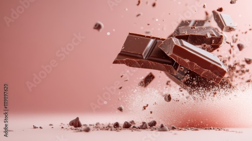 Intriguing swirl of chocolate fragments effortlessly captured against a captivating pink ambiance, embodying motion, excitement, and a sweet sensory experience. photo