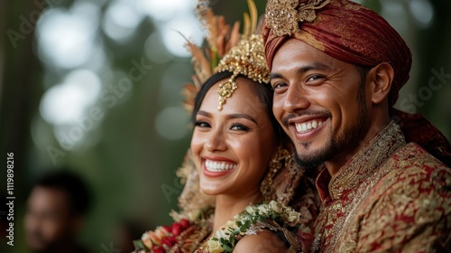 A beaming couple dressed in traditional attire shares a joyful moment on a special day, with ornate accessories enhancing the celebratory mood among nature's backdrop. photo