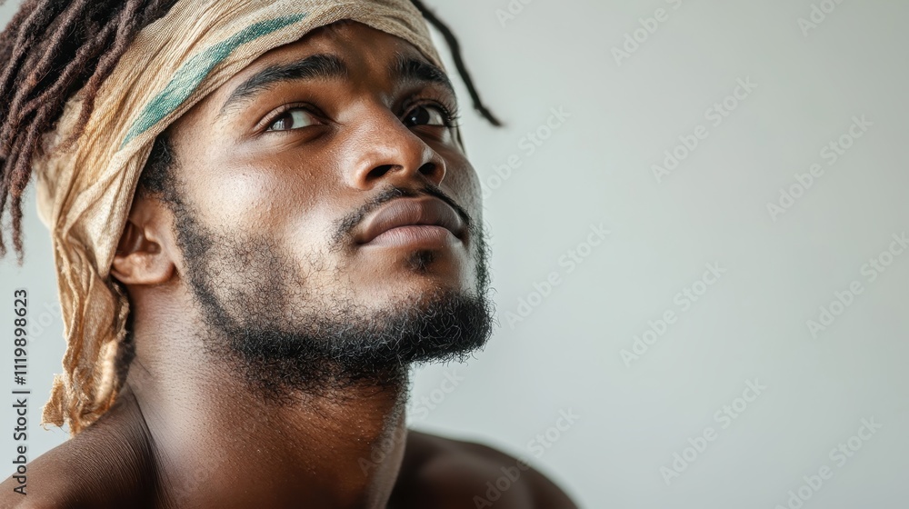 A close-up portrait of a contemplative man with a textured headscarf gazing upwards, emphasizing strength and introspection against a neutral backdrop. A close-up portrait of a contemplative man with a textured headscarf gazing upwards, emphasizing strength and introspection against a neutral backdrop.