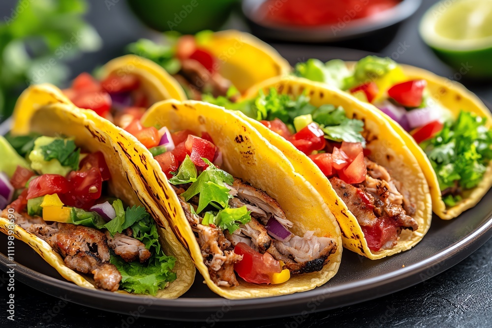 A Plate of Fish Tacos with Colorful Toppings A Plate of Fish Tacos with Colorful Toppings