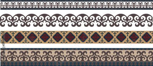 Set of vector seamless Kazakh national ornament. Ethnic Turks pattern of the nomadic peoples of the great steppe, the Turks. Details and elements for design, postcards, border, frame, Mongols, Kyrgyz