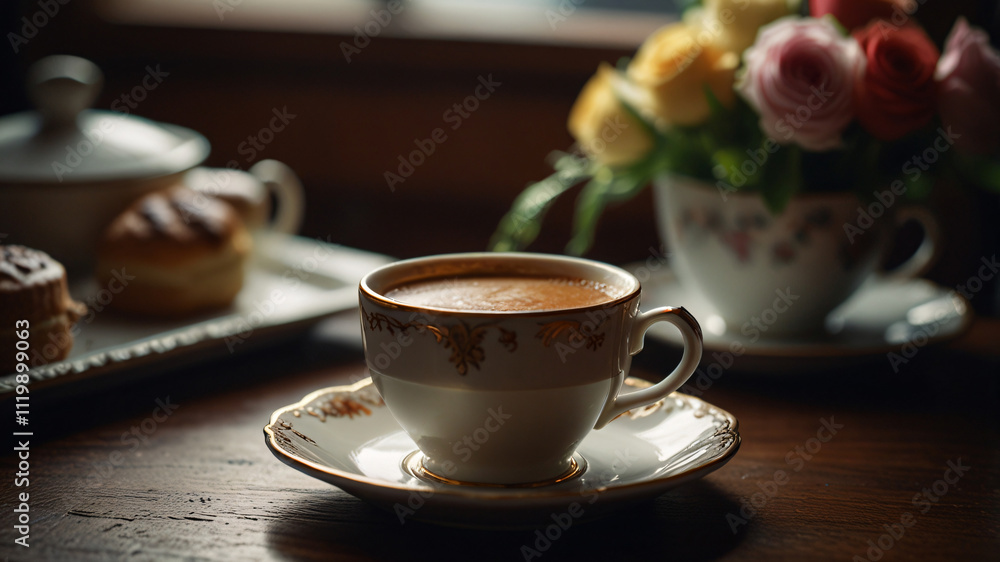 Indulging in afternoon tea with red tea and desserts. Indulging in afternoon tea with red tea and desserts.