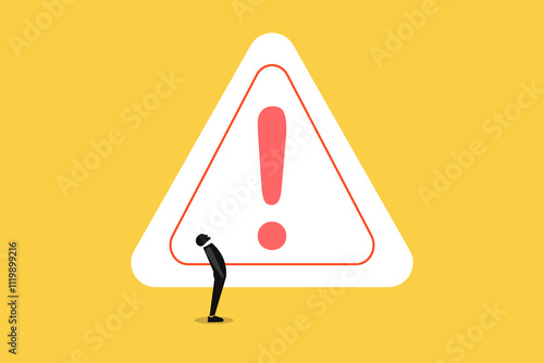 Businessman looking up thinking with big incident with exclamation attention sign. concept of Solving problem, identify risk or critical failure