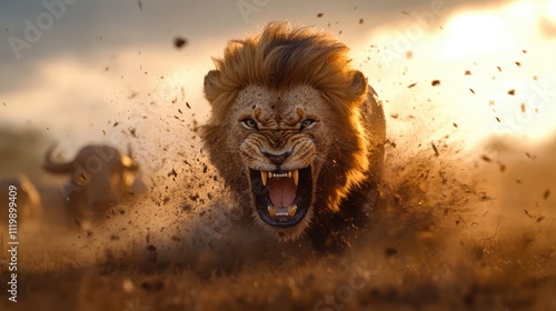 A wild lion in an aggressive stance, moving toward the camera with intensity, enveloped by swirling dust that captures raw power and the essence of nature. photo