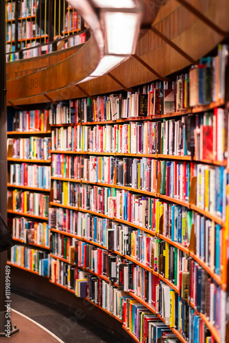 Colorful Books Lined Up on Curved Wooden Shelves in a Modern Library Providing a Vibrant and Inviting Atmosphere for Reading and Learning