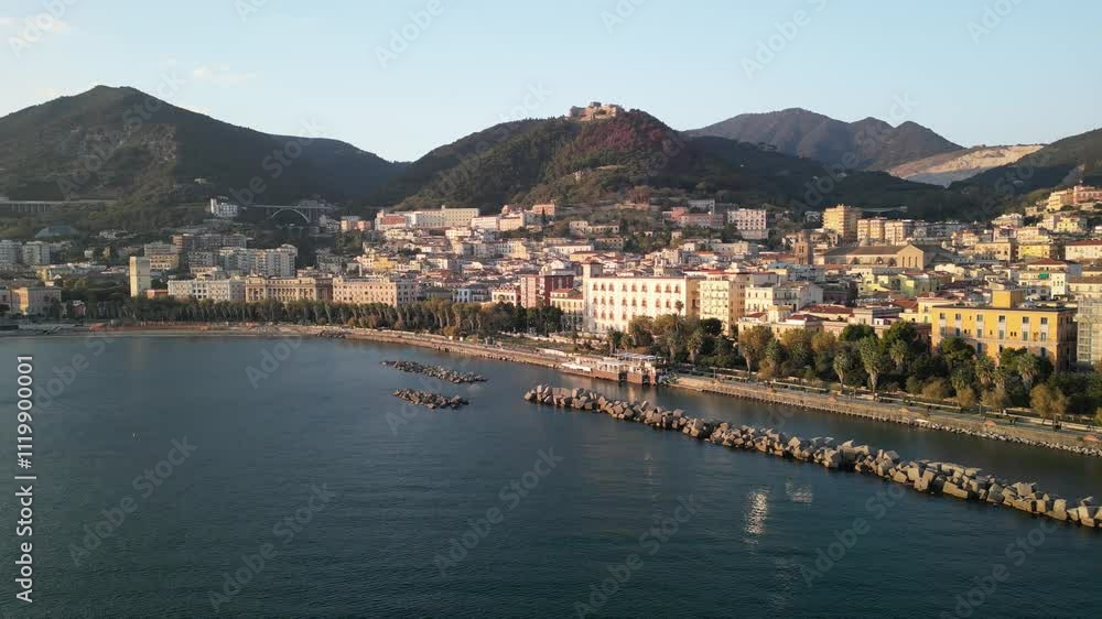 drone. vista su lungomare di Salerno, centro storico e castello Arechi drone. vista su lungomare di Salerno, centro storico e castello Arechi
