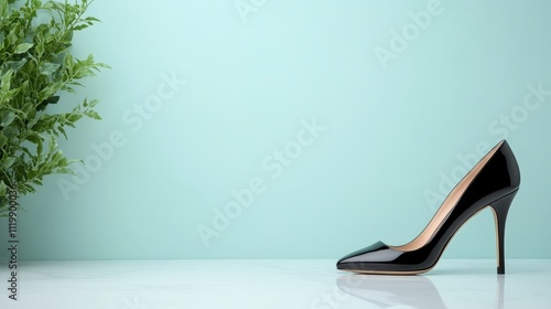 A modern black stiletto stands prominently against a cyan backdrop with a touch of greenery, bringing a sense of elegance and contemporary style. photo