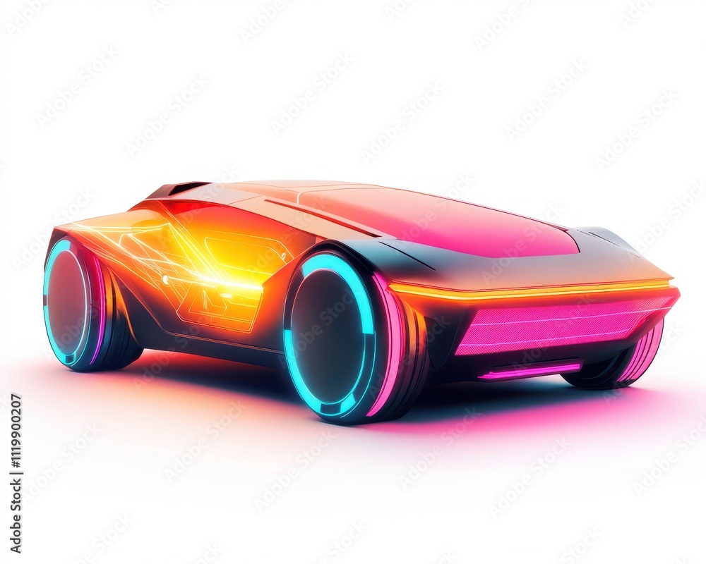 Futuristic car design with neon colors, sleek body on a white isolate background. Futuristic car design with neon colors, sleek body on a white isolate background.
