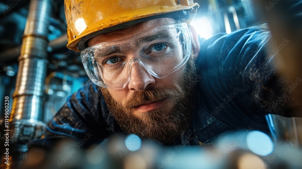 A focused industrial worker with a beard wearing protective glasses and a yellow helmet is seen operating detailed machinery in a factory setting. A focused industrial worker with a beard wearing protective glasses and a yellow helmet is seen operating detailed machinery in a factory setting.