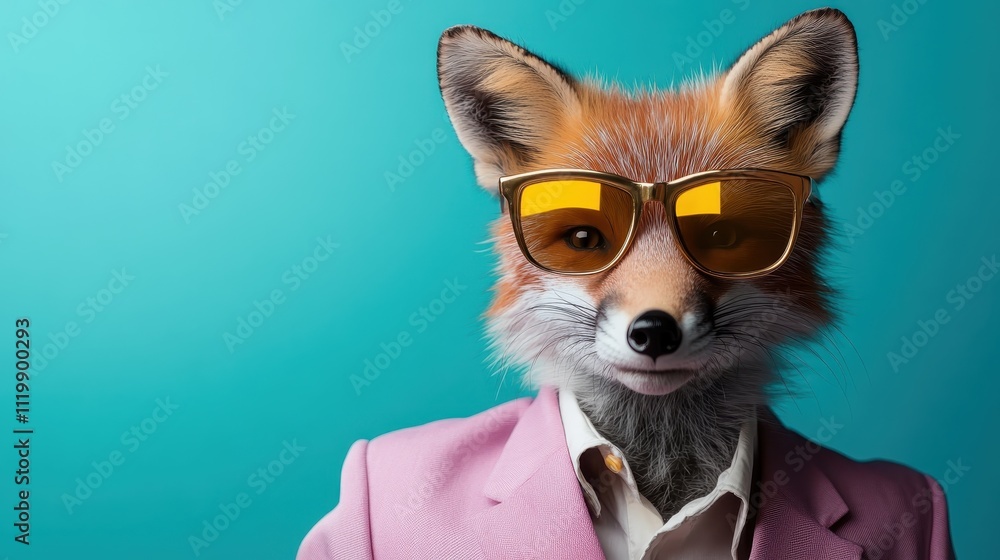 A charming fox dressed in a pink suit and tinted sunglasses stands against a teal background, representing a blend of elegance and modern flair in art. A charming fox dressed in a pink suit and tinted sunglasses stands against a teal background, representing a blend of elegance and modern flair in art.