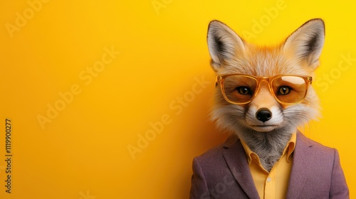 A fox wearing yellow glasses and a suit stands confidently against a bright yellow background, embodying a whimsical mix of humor and sophistication. photo