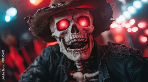 The image features a skeleton wearing a cowboy hat, illuminated by eerie red lights in a dark and mysterious setting, creating a spooky atmosphere. photo