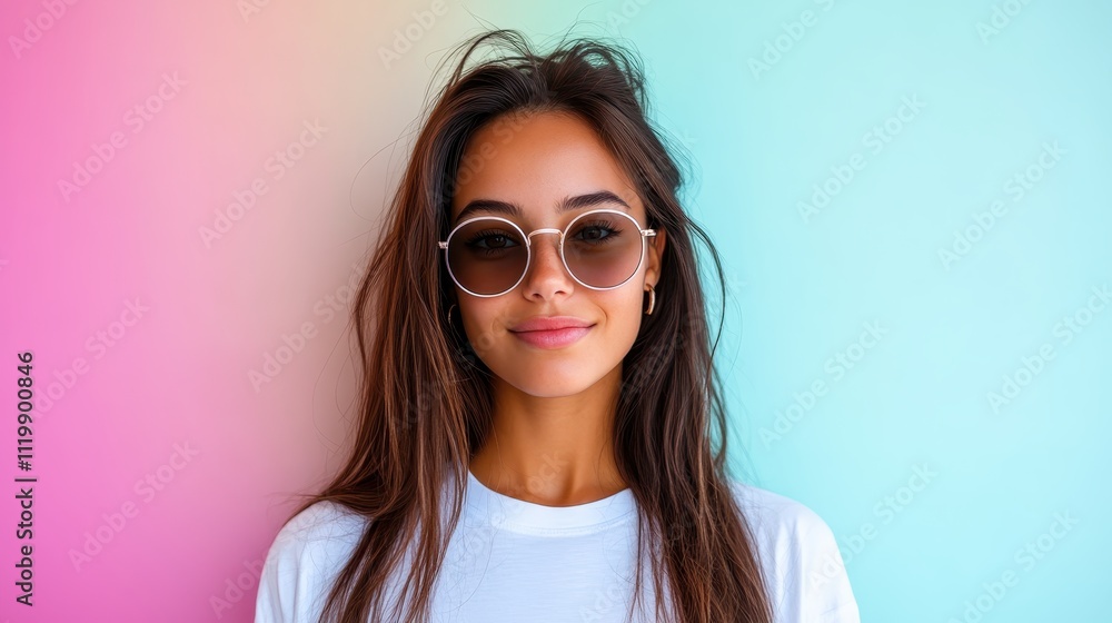 A young woman in sunglasses smiles gently while standing against a pastel-colored backdrop. Her relaxed and serene expression reflects a sense of peace and style. A young woman in sunglasses smiles gently while standing against a pastel-colored backdrop. Her relaxed and serene expression reflects a sense of peace and style.