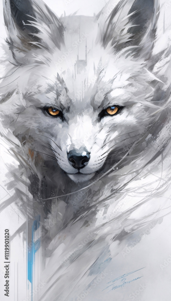 Obraz premium Stunning White Fox Wolf Painting in Abstract Style with Dramatic Splash of Color and Expressive Brushstrokes on Canvas