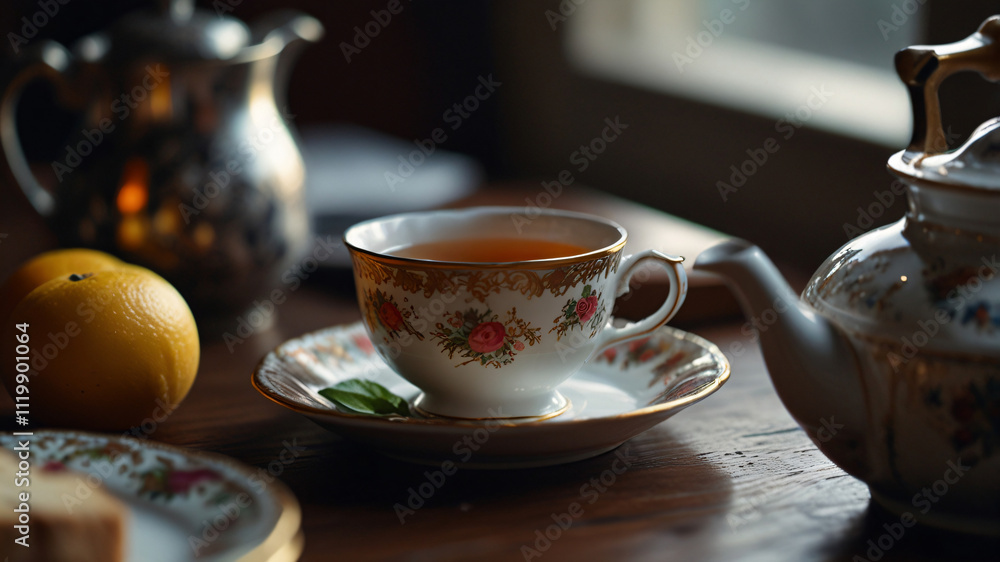 Afternoon tea with exquisite teacups and pastries. Afternoon tea with exquisite teacups and pastries.