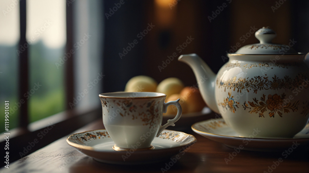Afternoon tea with exquisite teacups and pastries.
