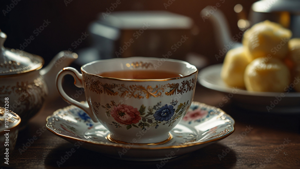 Fototapeta premium A serene afternoon tea with red tea and treats.