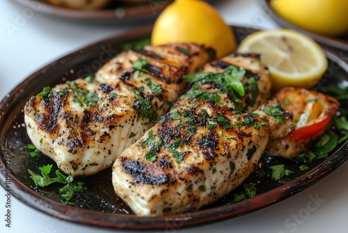 A Plate of Grilled Fish with Lemon on a White Table