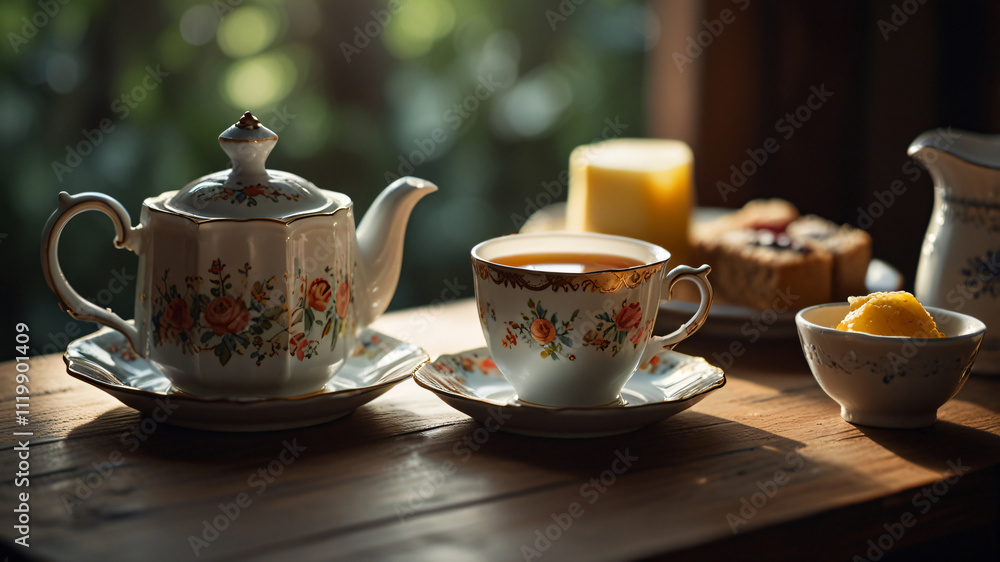 A serene afternoon tea with red tea and treats. A serene afternoon tea with red tea and treats.