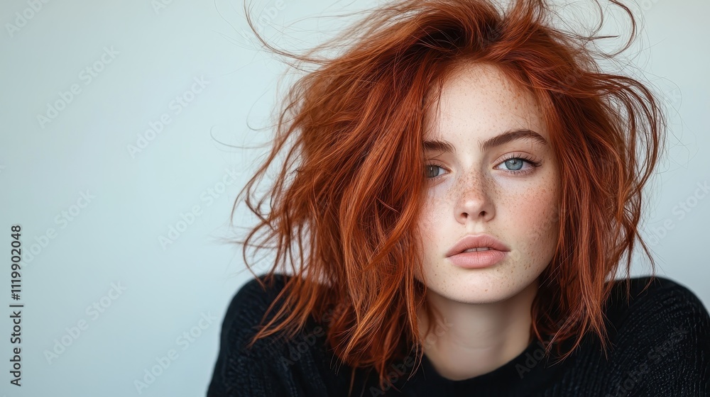 A thoughtful young woman with messy red hair and freckles is wearing a black sweater, portraying a deep sense of contemplation and individuality against a plain backdrop. A thoughtful young woman with messy red hair and freckles is wearing a black sweater, portraying a deep sense of contemplation and individuality against a plain backdrop.