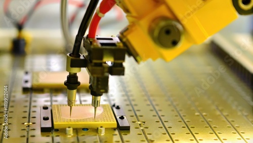 Closeup of a robotic arm delicately placing semiconductor chips onto a testing panel surrounded by stateoftheart measuring instruments. photo