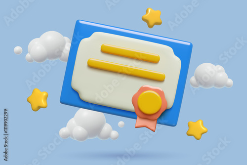Certificate, diploma or license 3d icon with a badge, stars and clouds on blue background. Vector illustration.
