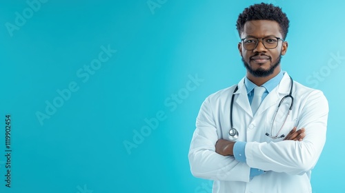 Confident doctor in white coat, arms crossed, standing against a bright blue wall, symbolizing healthcare, professional dedication, and trust. photo