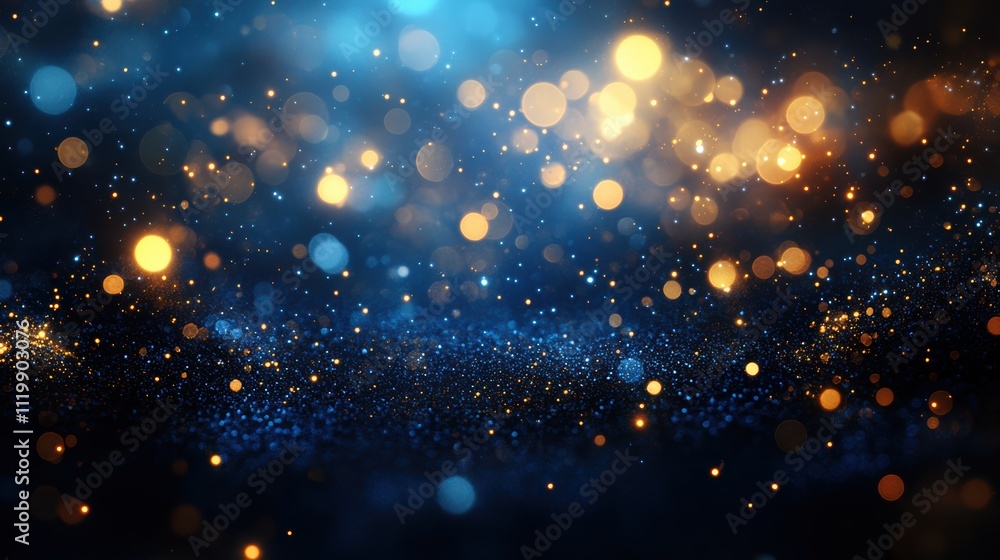Navy blue background with golden bokeh sparks and sparkle effect Navy blue background with golden bokeh sparks and sparkle effect