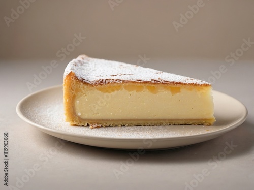 A close-up of a triangular slice of Tarta de Santiago, placed on a matte white plate. photo