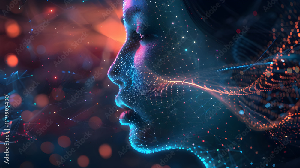 Abstract digital portrait of a woman's face, glowing with particles and data streams. Abstract digital portrait of a woman's face, glowing with particles and data streams.