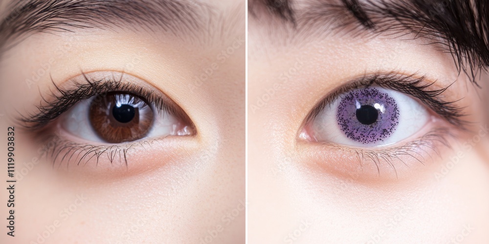 Obraz premium 分割画面で化粧用コンタクトレンズによる目の色の変化をデザインの前後で表示
