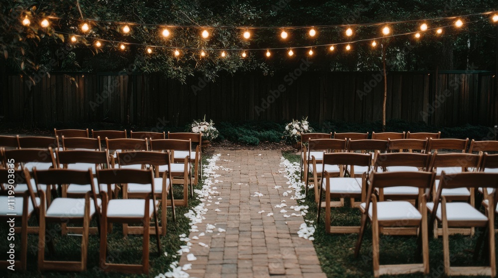 Fototapeta premium Wedding planning ceremony theme. Outdoor wedding setup with chairs and string lights illuminating the aisle.