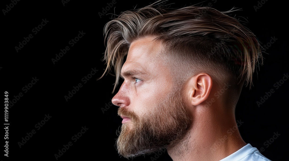 Obraz premium A side view of a man with a well-groomed beard and stylish hair highlights individual style and personal grooming trends, presenting a contemporary masculine image.