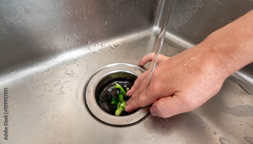 Efficient food waste disposal using a kitchen sink garbage disposer under running water photo