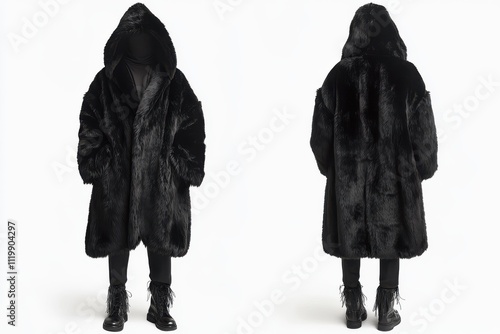 Front and back view of an oversized black hooded faux fur coat on white background, cruelty-free winterwear perfect for branding and retail campaigns photo