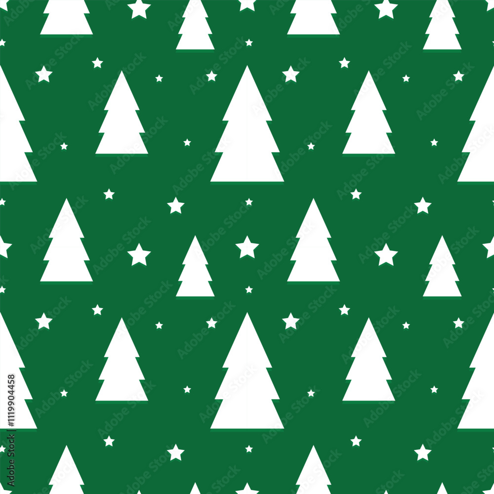 Simple Christmas Tree Seamless Vector Patterns. White Tree Isolated on a Dark Green and Red Background. Lovely Winter Holidays Print.
