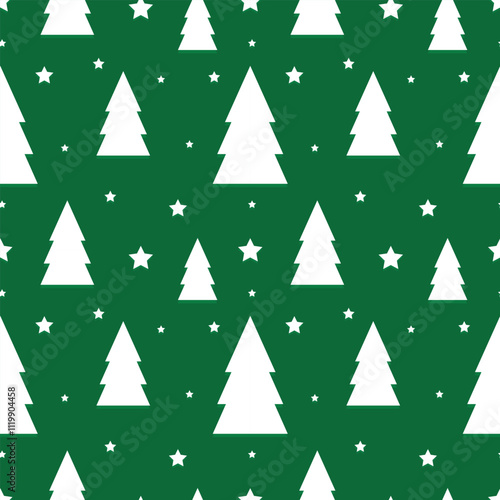 Simple Christmas Tree Seamless Vector Patterns. White Tree Isolated on a Dark Green and Red Background. Lovely Winter Holidays Print.