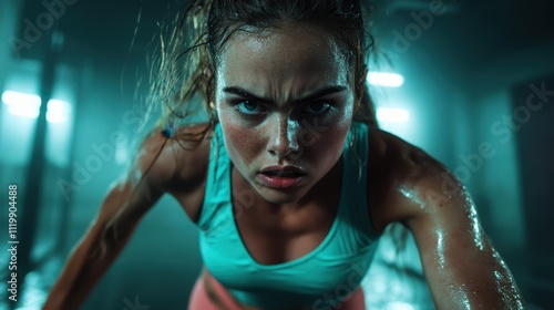 A female athlete in the middle of an intense workout, showing sweat and fierce focus, portraying the embodiment of resilience and power in training. photo