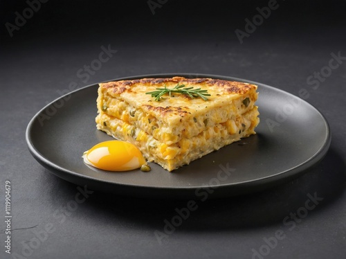 A single triangular slice of Tortilla Española isolated on a matte slate-gray plate. photo