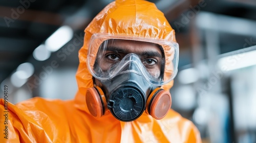 An engineer clad in an orange hazmat suit inspects an industrial site, equipped with safety goggles and a respirator, representing safety and technological themes. photo