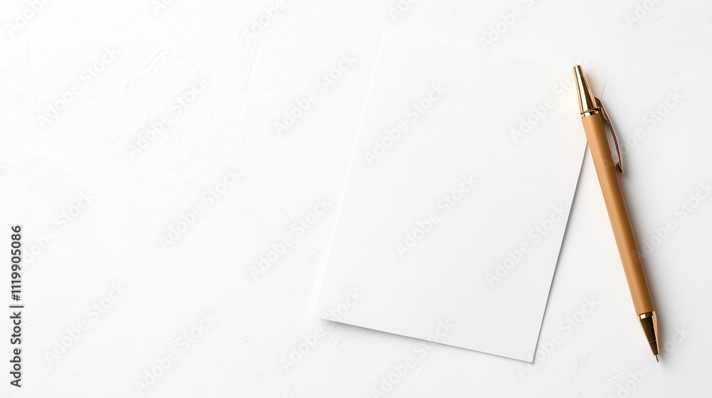 A gold pen rests atop a blank sheet of white paper against a simple white background, representing creativity, elegance, and minimalist professional design themes. A gold pen rests atop a blank sheet of white paper against a simple white background, representing creativity, elegance, and minimalist professional design themes.
